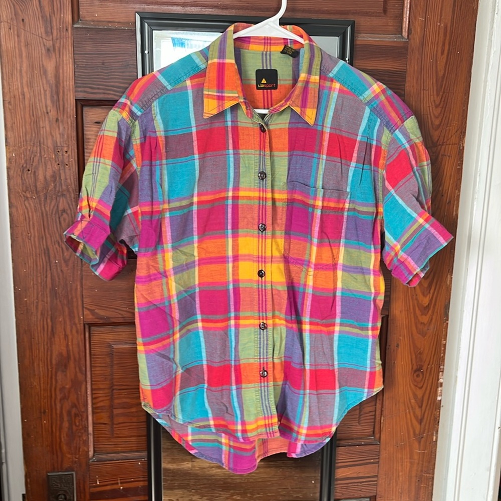 Lizsport Madras Plaid vintage button up size S